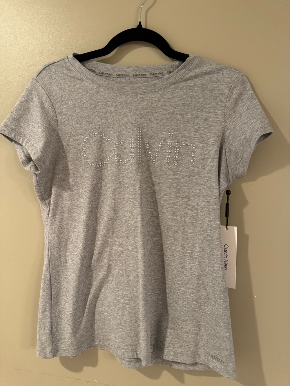 Calvin Klein Light Gray Short Sleeve Tee with Rhinestone Logo